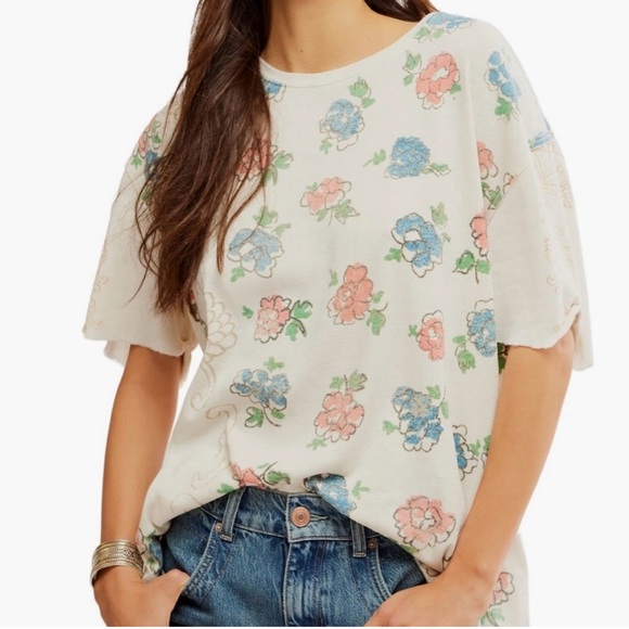 NWT We The Free by Free People Boheme Tee in Ivory Combo Size Small-OVERSIZED - Picture 1 of 8